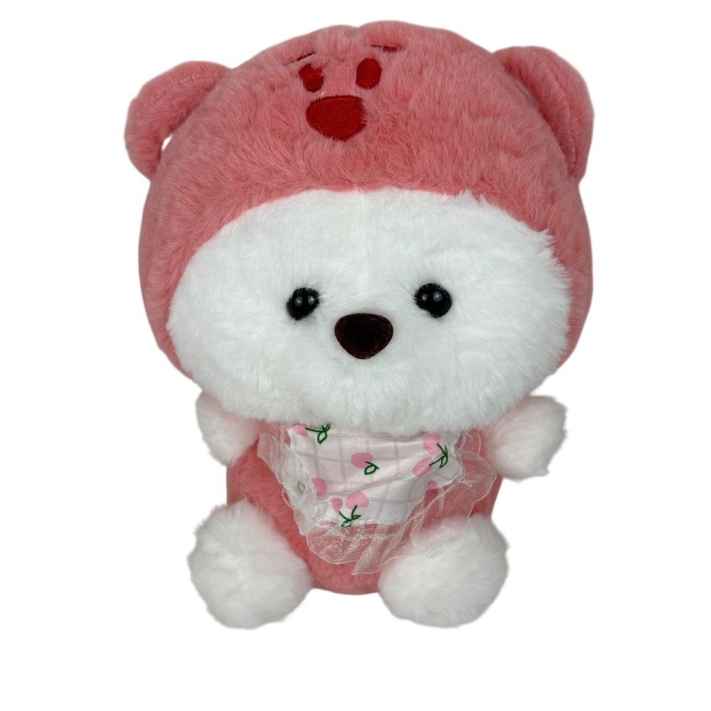 Dear Bei Bei Pink White Plush Bear Stuffed Animal Cherry Bib 8 Inch NWT Kawaii